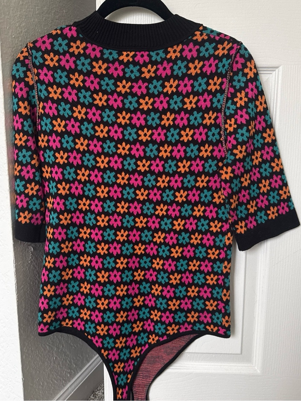 Free People Black Floral Knit Bodysuit leotard with Pink, Teal & Orange Motif